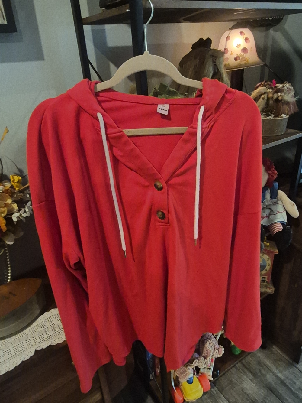 Bright Red Hooded Pullover with Button Detail